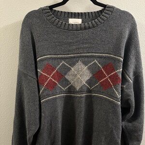 Exacta Sweater Mens V Neck Gray Argyle Cotton Blend XL Vintage Made in USA